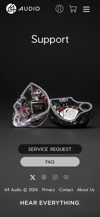 64 Audio mobile support section showing the internal components of a clear-shell monitor above Service request and FAQ buttons