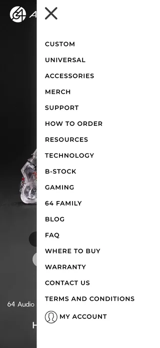 64 Audio mobile menu open over the site, listing Custom, Universal, Accessories, Merch, Support, How to order, Resources, Technology, B-Stock, Gaming and more