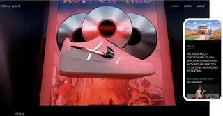Little Giant home page — a full-bleed CGI film still of a pink Nike sneaker against spinning records, with a phone alongside showing the studio's positioning statement