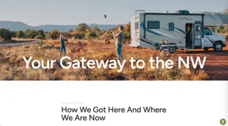 Pacific RV about page hero — a family playing catch beside a parked motorhome in high desert scrub, under the headline 'Your Gateway to the NW'