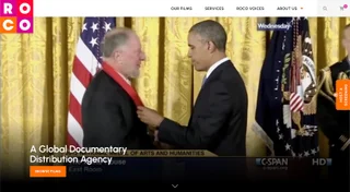 ROCO Films home page — full-bleed documentary footage of a National Medal of Arts ceremony behind the headline 'A Global Documentary Distribution Agency' and a Browse films button