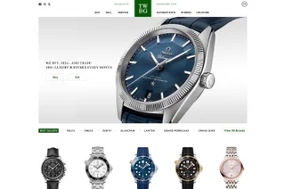 TWBG home page design — an Omega Globemaster shown large beside the line 'We buy, sell, and trade 100+ luxury watches every month' with Buy and Sell buttons and a brand filter below
