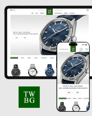 TWBG design shown on a tablet and a phone alongside the green TWBG monogram logo