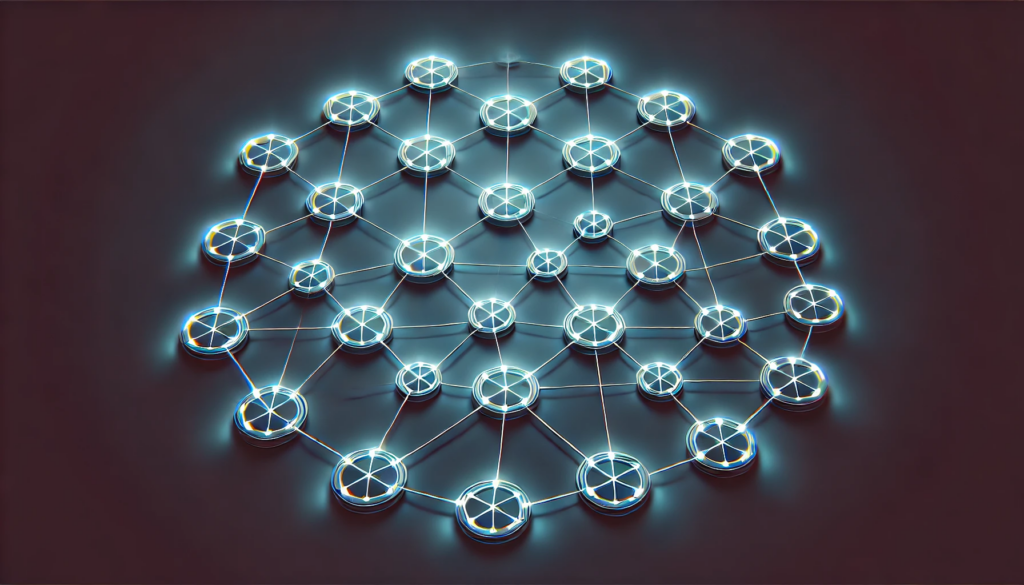 An illustration of interconnected nodes symbolizing a decentralized network. Each node is identical, demonstrating that no single server or central authority dominates the system
