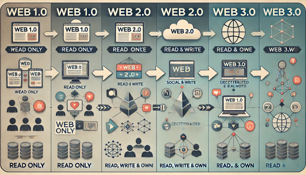 A conceptual diagram depicting the evolution of the internet from Web 1.0 through Web 2.0 to Web 3.0. Each phase shows distinct user interactions and degrees of centralization.