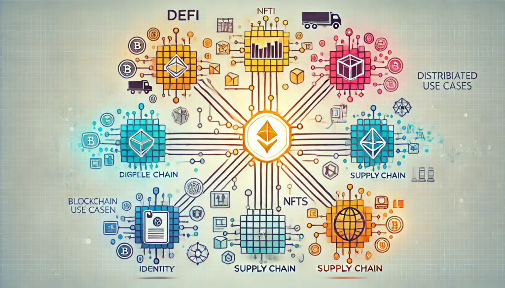 A stylized chart showing different blockchain use cases—DeFi, NFTs, supply chain, and identity—branching off from a central distributed ledger representation.