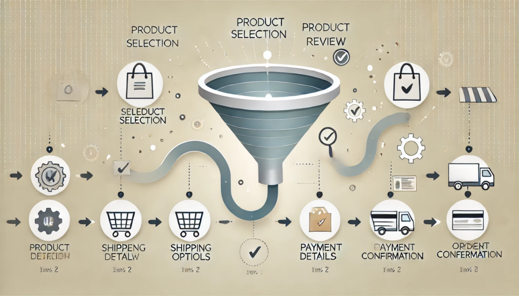 Graphics Element 1: A conceptual illustration showing a funnel-like path labeled “Product Selection” at the top, then narrowing downward to “Cart Review,” then “Shipping Options,” then “Payment Details,” and finally “Order Confirmation.” Each stage is linked by smoothly curved lines. Label each stage with a small icon (a shopping bag for Product Selection, a magnifying glass for Cart Review, a truck for Shipping Options, a credit card for Payment Details, and a checkmark for Order Confirmation) to demonstrate a streamlined flow.