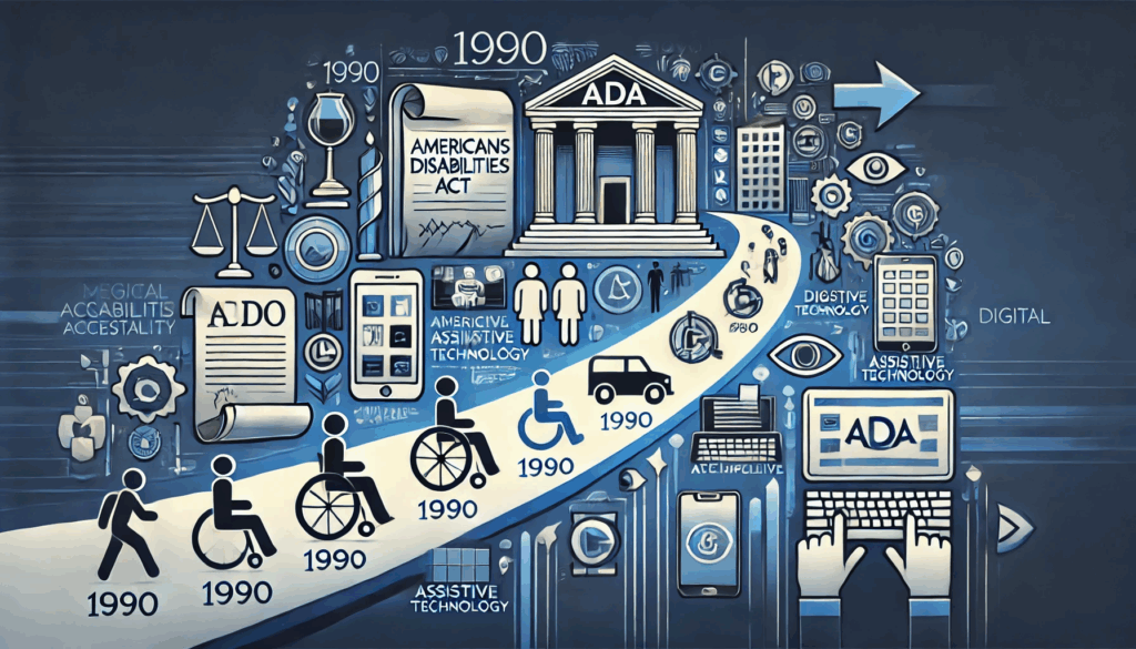 A timeline sweeping from the 1990 ADA signing to a modern responsive webpage, symbolizing the evolution from physical ramps to digital ramps