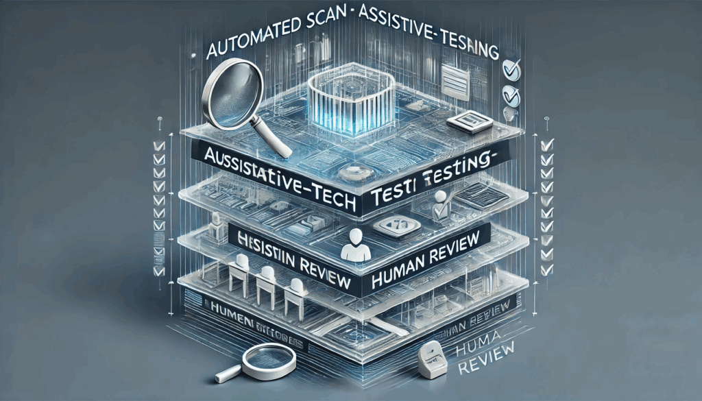 A layered blueprint labeled “Automated Scan,” “Assistive‑Tech Testing,” and “Human Review,” converging into a remediation checklist