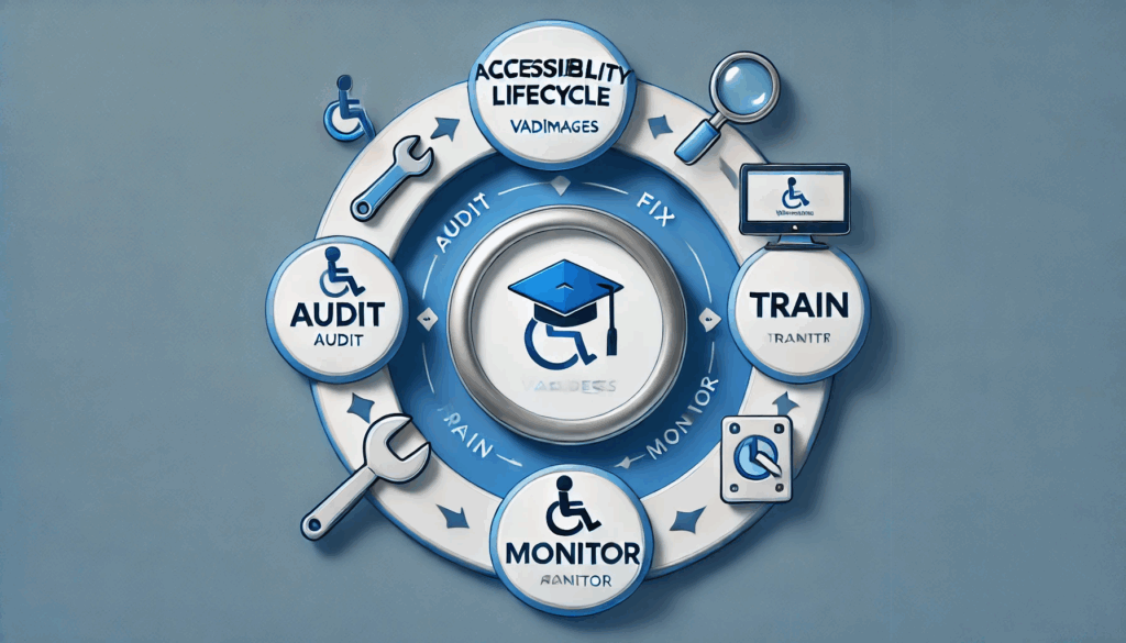 Circular diagram titled “Accessibility Lifecycle” with arrows looping through Audit → Fix → Train → Monitor, stamped with the Vadimages logo in the center.