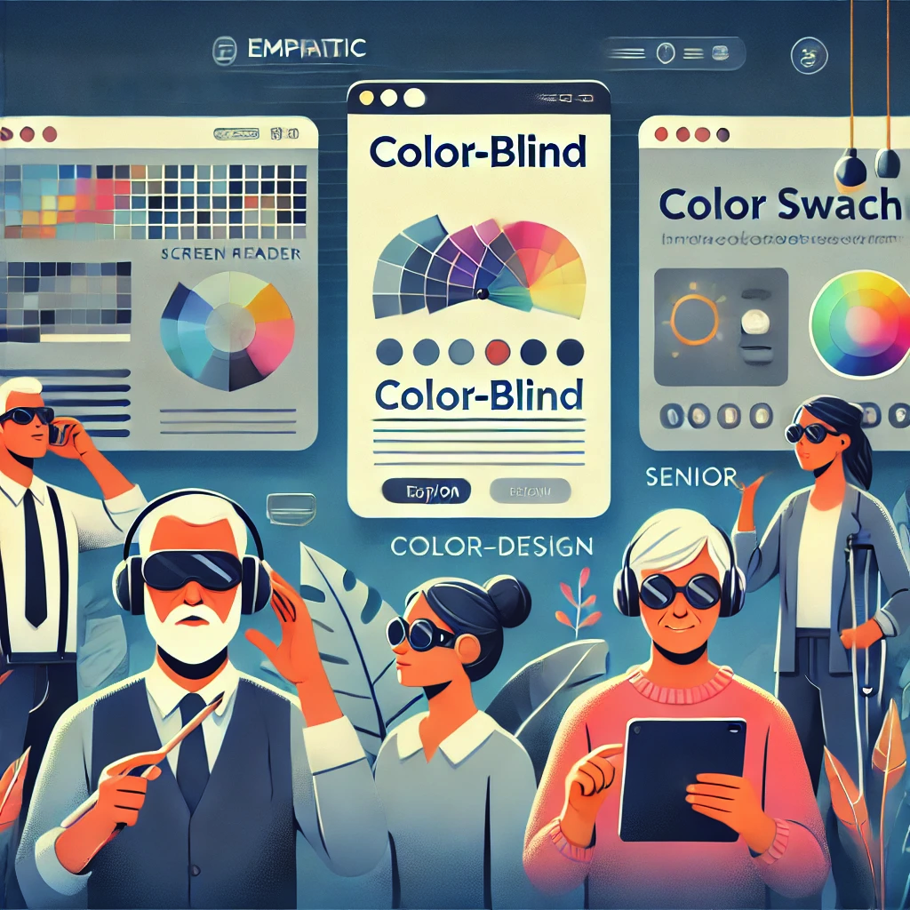 An illustration of diverse personas—screen reader user, colour‑blind user comparing swatches, senior navigating with large typography—interacting with the same website