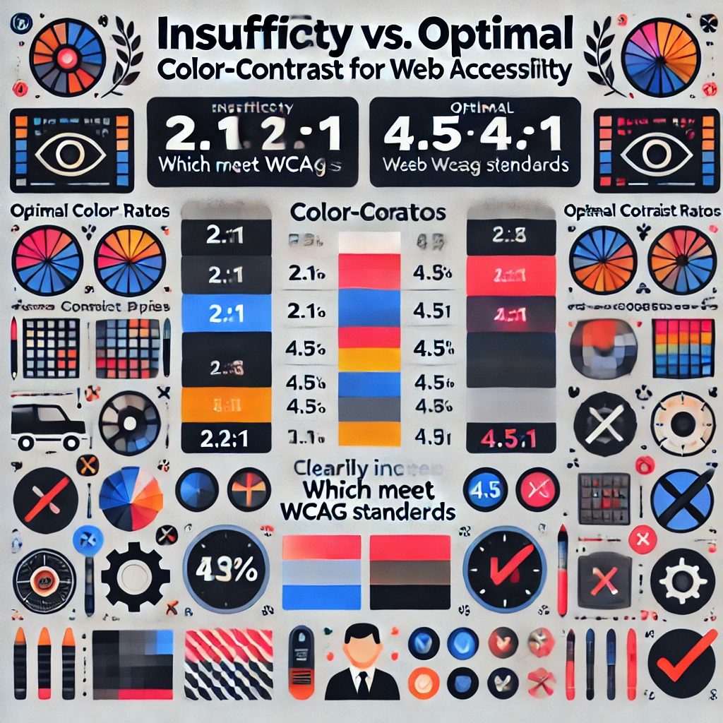 Infographic contrasting insufficient vs. optimal colour‑contrast pairs, annotated with WCAG ratios
