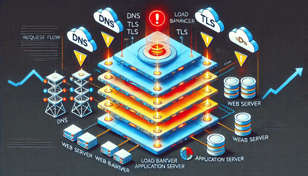 Layered diagram of request flow from DNS to database with “pressure points” marked