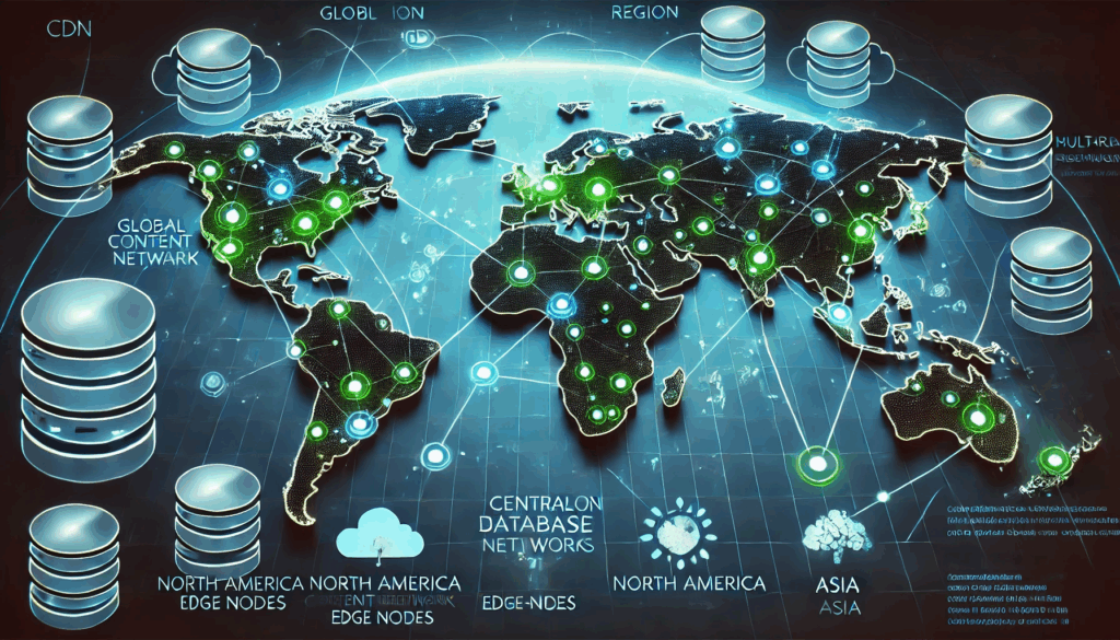 World map with CDN edges and multi‑region databases illustrating geographic failover paths