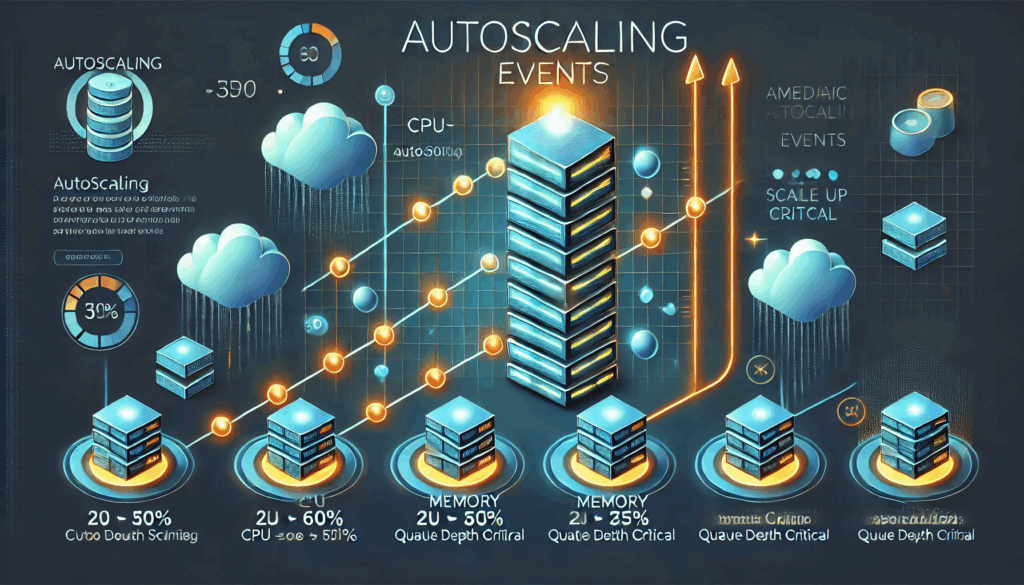 Animated timeline showing autoscaling events triggered by metric thresholds