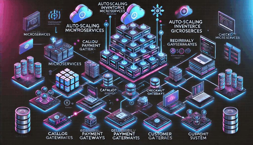 Infographic diagram of a cloud‑native e‑commerce platform with autoscaling inventory microservices, redundant payment gateways, and an AI‑powered support layer
