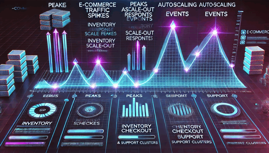 Timeline animation depicting traffic spikes versus autoscaling events across inventory, checkout, and ticketing clusters