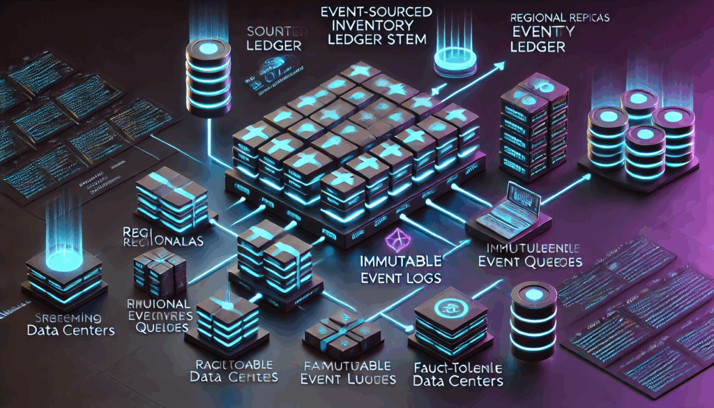 Diagram of an event‑sourced inventory ledger with regional replicas and cache layers
