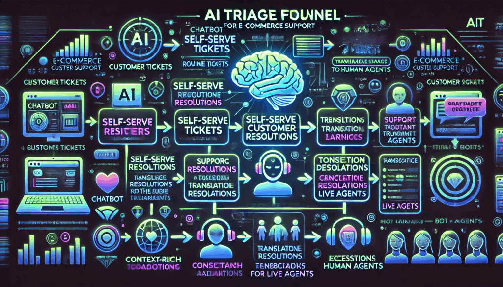 Flowchart showing AI triage funnel splitting self‑serve resolutions and escalations to live agents with contextual data