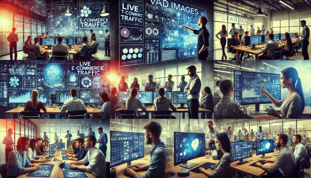 Brand collage featuring Vadimages engineers collaborating over dashboards, code commits, and live traffic visualizations