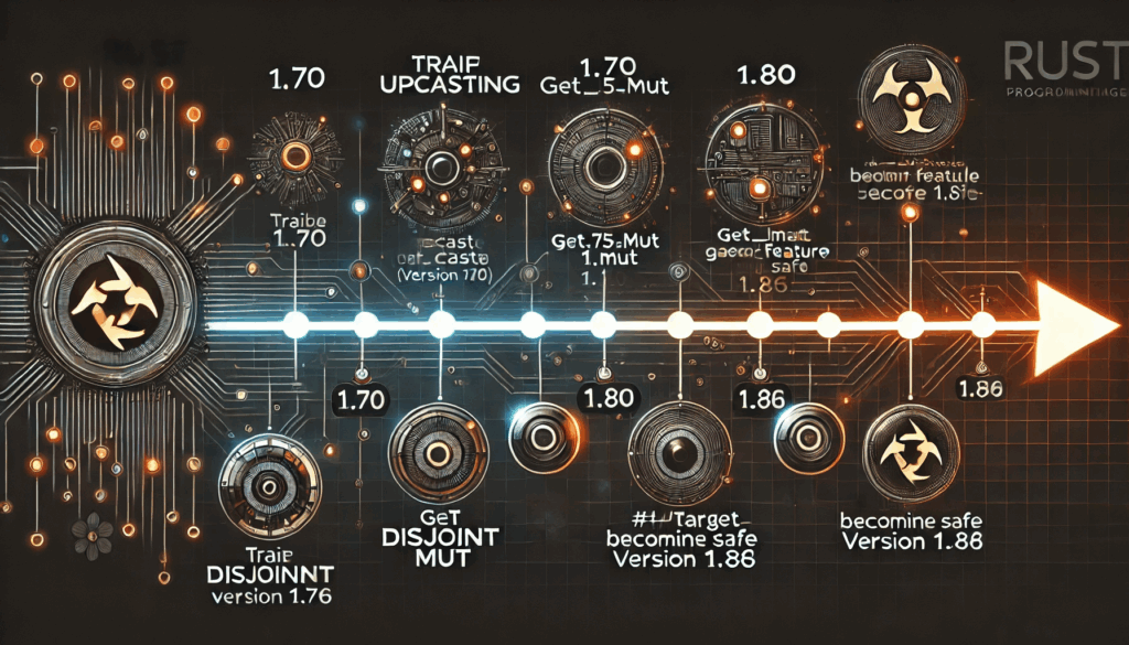 timeline illustration mapping Rust’s evolution from 1.70 to 1.86, with callouts for trait upcasting
