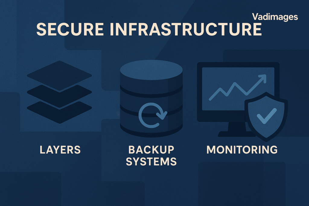 Illustration of a secure, resilient digital infrastructure—multiple website layers, backup systems, and monitoring services, all labeled with Vadimages branding.
