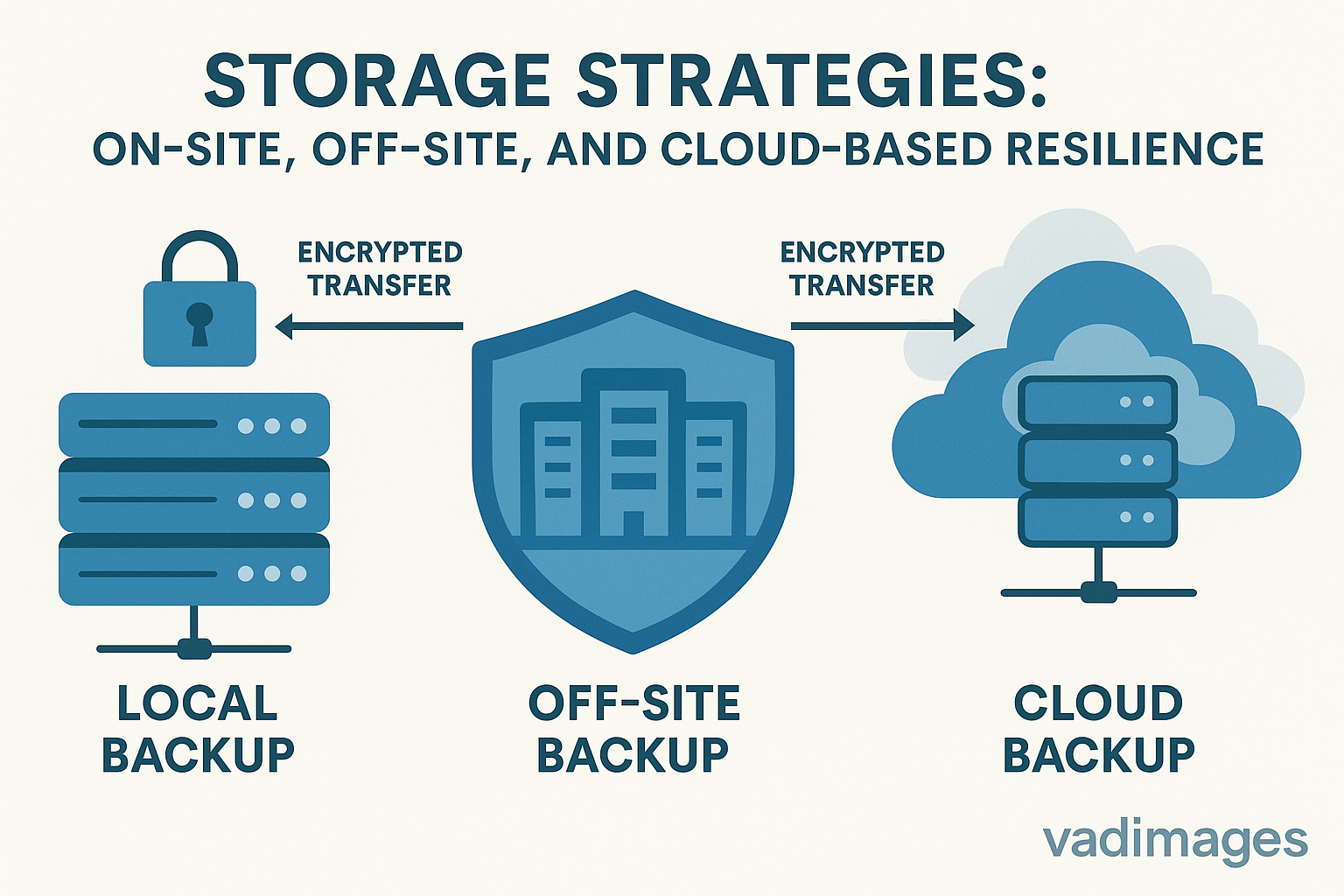 Diagram contrasting local, off-site, and cloud backup flows, with icons representing encrypted transfer, cloud servers, and Vadimages branding.