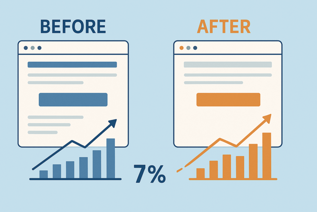 Data visualization showing before-and-after conversion rates from an A/B test on a landing page, emphasizing the dramatic effect of a small change.