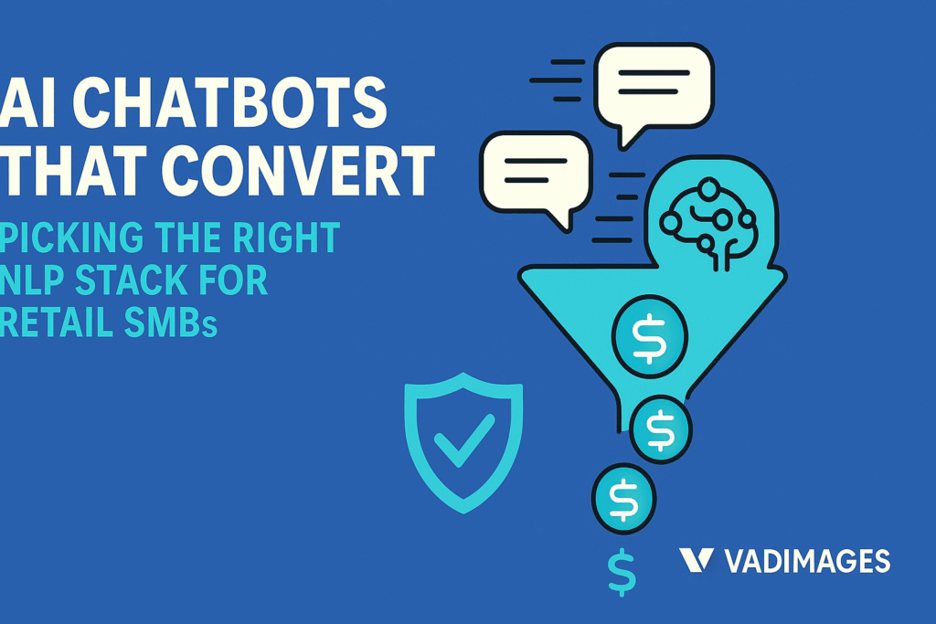 Wide-format hero image—chat bubbles cascading through a sales-funnel shaped like a cash register, each bubble morphing into a dollar sign as it drops; Vadimages logo lower right, modern infographic style, 1920 × 1080