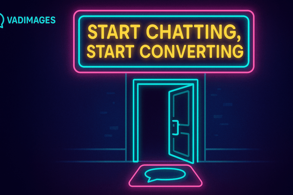 Call-to-action banner—neon “Start Chatting, Start Converting” marquee above an open storefront door, a speech-bubble shaped welcome mat, Vadimages logo top-left, wide format 1920 × 1080