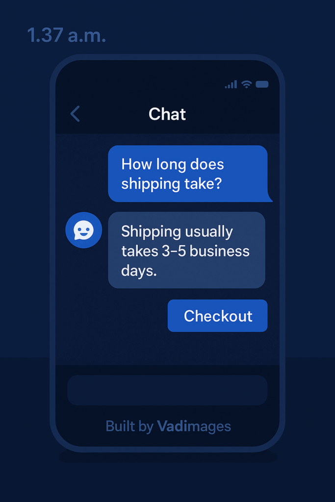 Mobile chat interface showing a user asking shipping‑time questions at 1:37 a.m.; chatbot displays personalized answer plus a one‑click checkout link, footer branded “Built by Vadimages”.