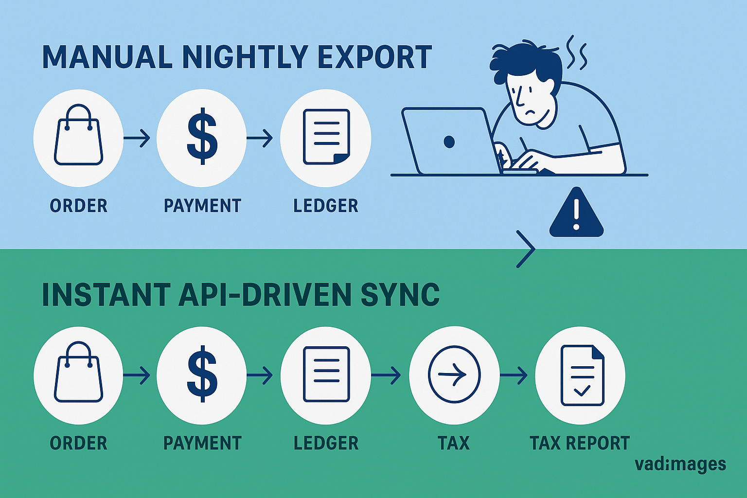 Infographic timeline comparing manual nightly export vs. instant API‑driven sync; includes icons for order, payment, ledger, tax report; Vadimages watermark