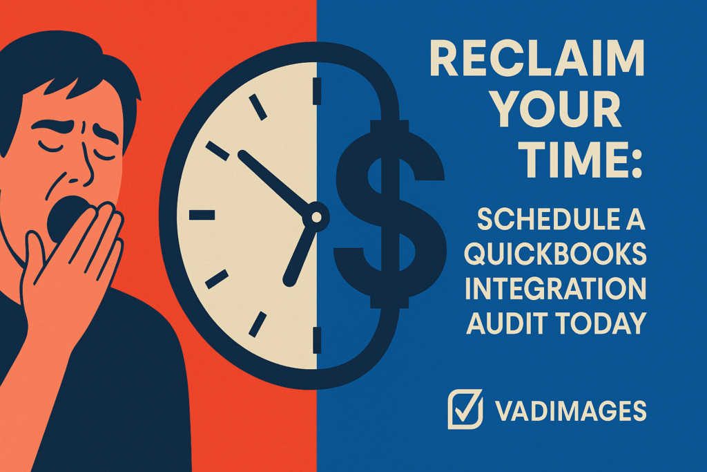 Call‑to‑action banner—clock face morphing into a dollar sign with the text “Reclaim Your Time: Schedule a QuickBooks Integration Audit Today,” Vadimages branding