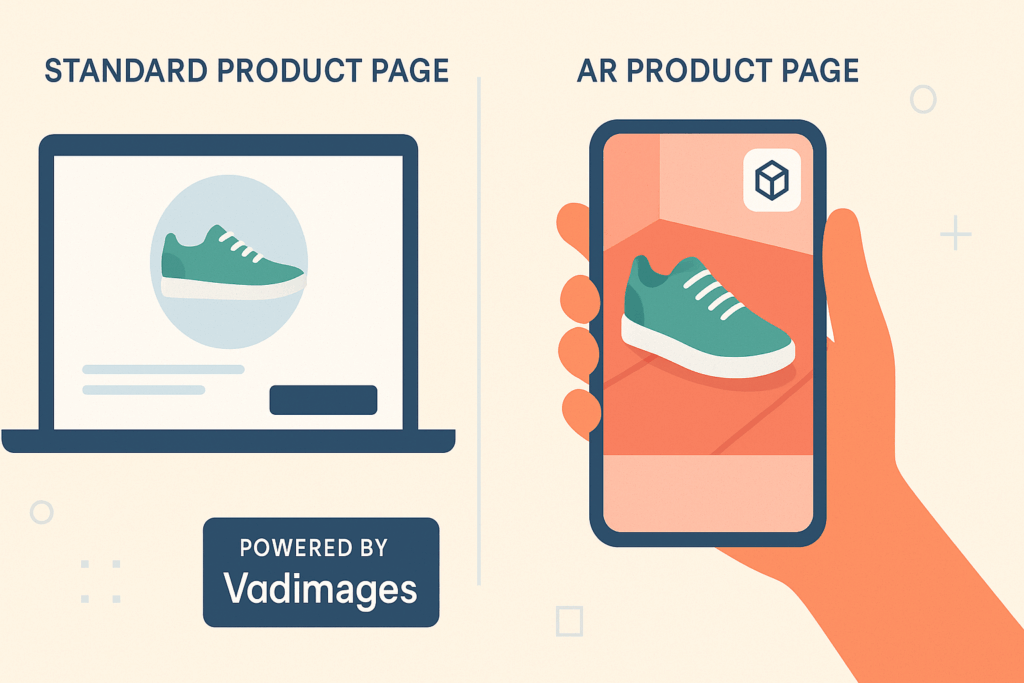 Side‑by‑side screenshot—left shows a standard product page, right shows the same page with a live 3D model rotating in AR view, “Powered by Vadimages” tag
