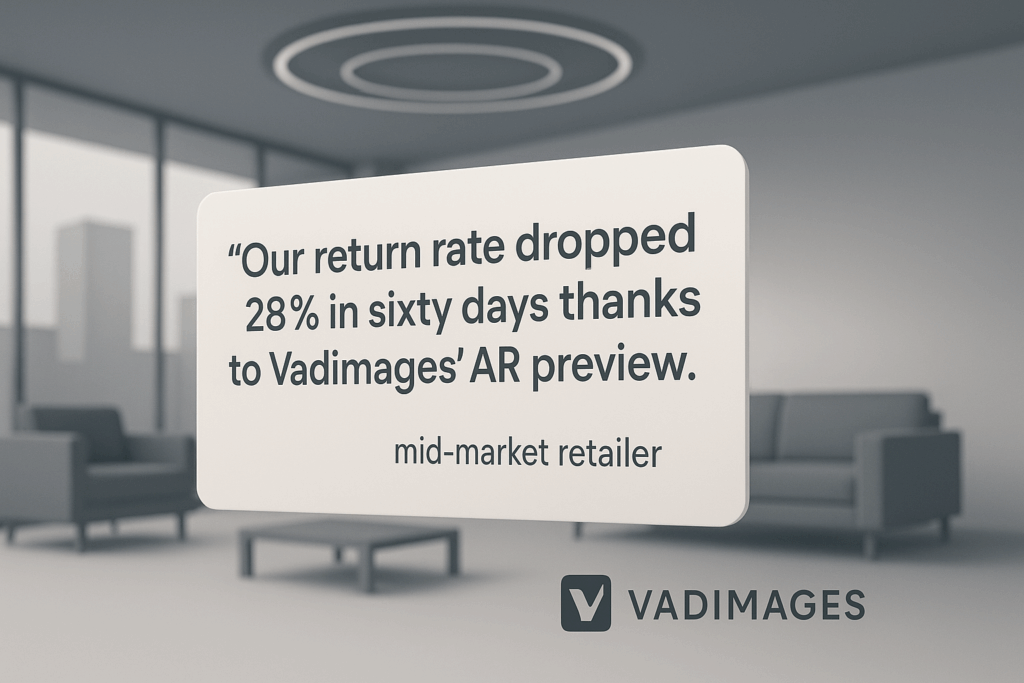 Customer testimonial card floating over a VR showroom, quote reads “Our return rate dropped 28 % in sixty days thanks to Vadimages’ AR preview,” signed by a mid‑market retailer