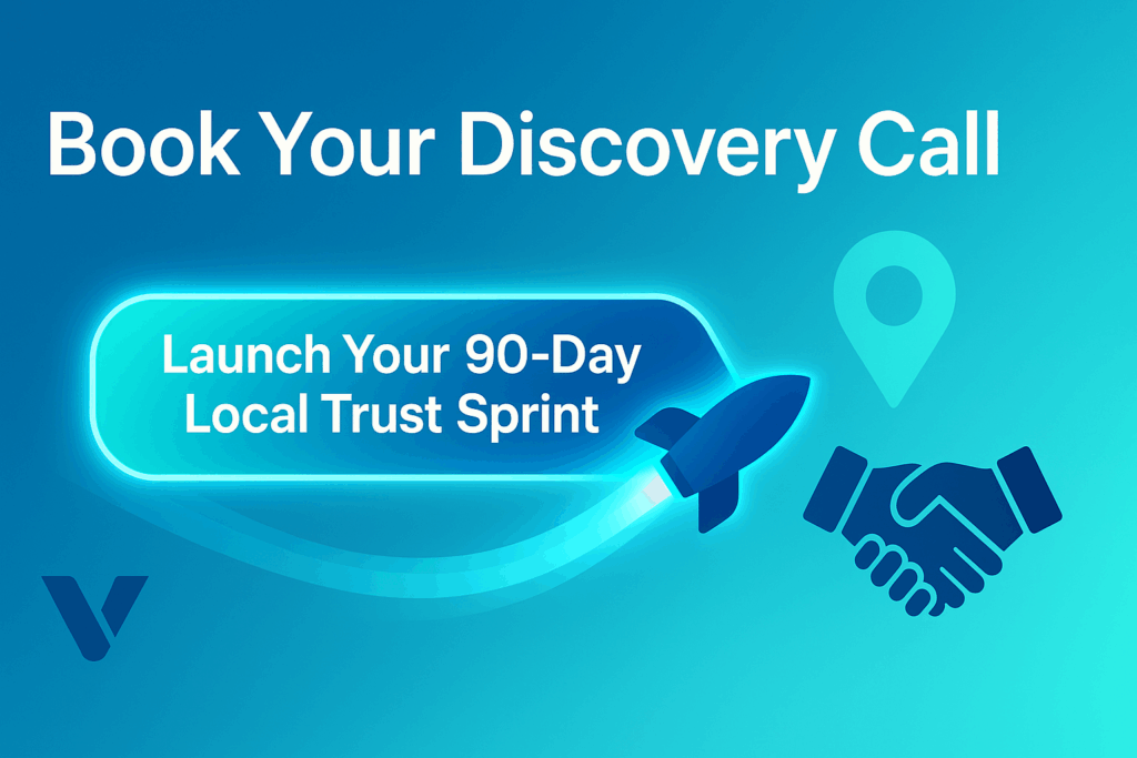 Call-to-action banner — a glowing “Launch Your 90-Day Local Trust Sprint” button rockets from a Vadimages logomark toward animated map pin and handshake icons; headline: “Book Your Discovery Call,” 1920 × 1080.
