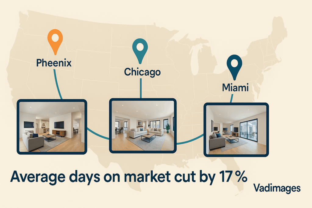 Graphic element — case-study banner: a map pins Phoenix, Chicago, and Miami listings; lines radiate to tablets showing 3D interiors; caption “Average days on market cut by 17 %,” Vadimages logo lower-right, 1920 × 1080